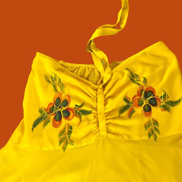 VENICE BLUE Bright Yellow Strapless Halter Dress with Floral & Embroidery, OS. - Picture 3 of 16